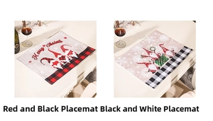 Close-up of linen Christmas placemats featuring embroidered gnomes and Merry Christmas text
