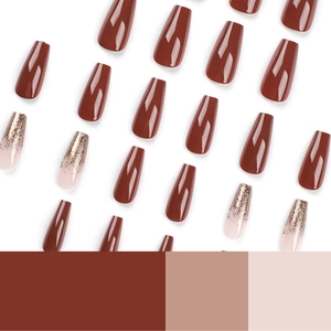 Dark coffee and nude press-on nails in long coffin shape with gold glitter gradient finish
