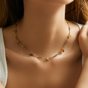 Bohemian handmade beaded necklace with 18K gold-plated chain and natural amber stones