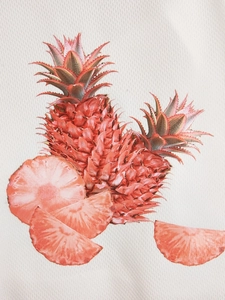 Macro shot showing pink pineapple print detail on breathable mesh white fabric T-shirt
