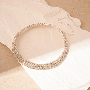 Detail of silver multi-row rhinestone choker with adjustable extender chain and clasp