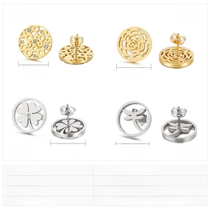 Detailed views of stainless steel rhinestone earrings with hollow and dragonfly designs