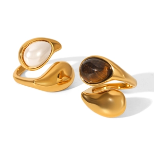 Elegant gold-plated open rings featuring oval white pearl and brown tiger eye stones