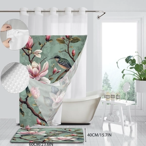 Detail of waffle weave texture and vintage magnolia bird print on bath curtain