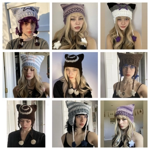 Handmade knitted cat ear beanie hats for women in multiple colors with devil horn details