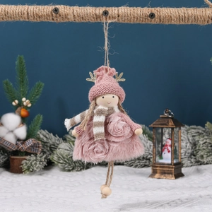 Pink plush Christmas angel doll hanging ornament with gold antlers and knitted hat