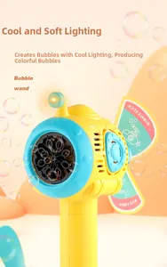 Close-up of yellow submarine bubble wand with LED light and colorful bubbles
