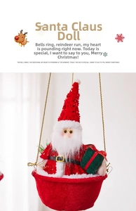 Detail of Santa Claus plush in a red velvet basket holding a green gift box decoration