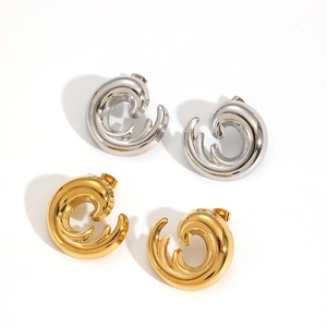 Modern wave-shaped C-style stainless steel hoop earrings in gold and silver set