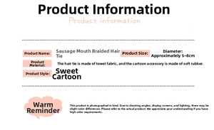 Detail chart of sausage mouth woven hair tie with size and material information
