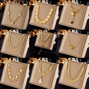 Fashion Stainless Steel Layered Necklace For Women Gold Plated Star Butterfly Heart Pendant Necklace Artificial Pearl Chain Rhinestone Jewelry