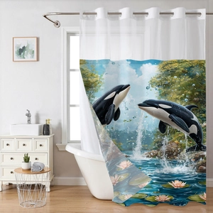 Detail of waterproof shower curtain featuring artistic orca and lily pad design in bathroom
