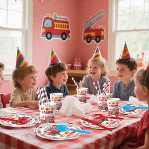 Set festa di compleanno pompieri per bambini con stoviglie a tema e decorazioni rosse