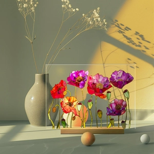 Detailed view of 3D acrylic flower plaque with colorful poppy patterns on a wood base