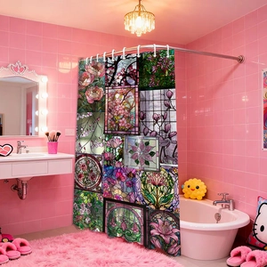 Floral stained glass style shower curtain with lotus patterns in a pink bathroom setting