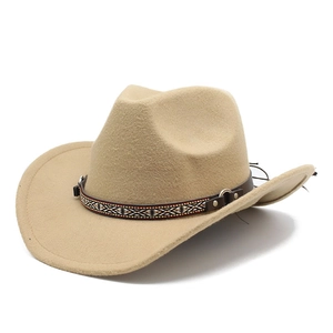 Beige wool felt western cowboy hat featuring ethnic woven band and metal buckle accents
