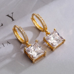 Elegant gold plated square zircon drop earrings with pavé setting for women