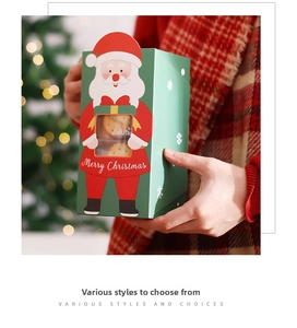 Detail of mint green Christmas gift box with Santa illustration and transparent window