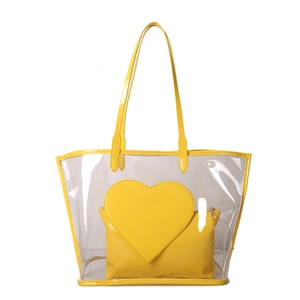 Summer transparent jelly tote bag with yellow trim and inner heart pouch for women