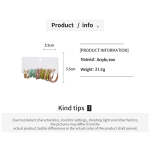 Detailed size chart for 10-piece acrylic and iron C-shaped earrings weighing 31.5g
