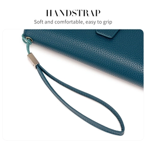 Close-up of soft turquoise leather hand strap with comfortable grip and metal hardware