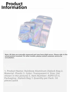 Detailed view of laser rainbow ziplock bags in four sizes with hanging holes and zippers