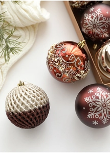 Detail view of 8cm Christmas ball ornaments with intricate beadwork and warm bronze tones