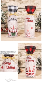 Detail of Christmas gnome wine bottle covers with red and black plaid patterns