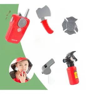 Detailed view of 5-piece firefighter role play kit with walkie-talkie, axe, and extinguisher