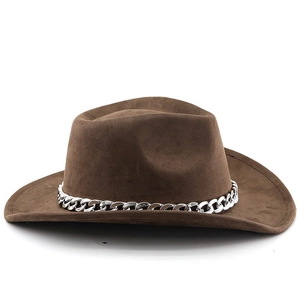 Detail of dark brown faux suede cowboy hat featuring a bold silver chain decorative band