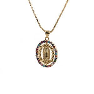 Golden Virgin of Guadalupe pendant necklace with colorful gemstones and rope border