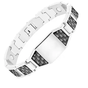 Men's magnetic therapy bracelet with silver alloy links and black carbon fiber inlays