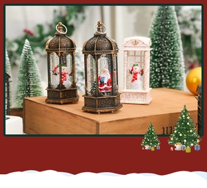 Detail of vintage Christmas lanterns with snowmen and Santa Claus in festive decor