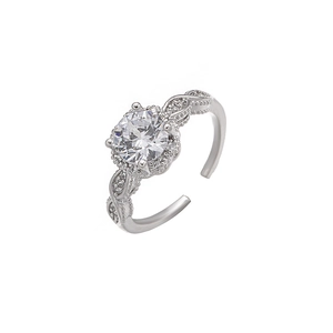 Elegant adjustable open ring with round cubic zirconia and silver woven hollow band