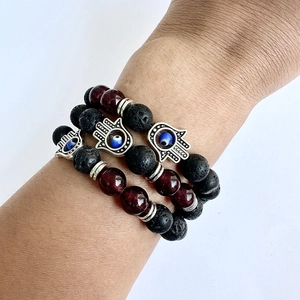 Hamsa Hand Evil Eye Natural Black Lava Stone Red Beads Alloy Elastic Bracelet Jewelry For Women