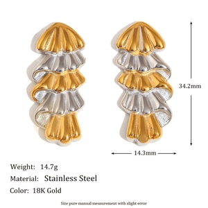 Artistic layered Christmas tree earrings in two-tone 18K gold and stainless steel finish