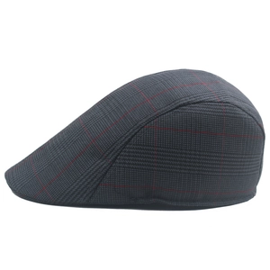 British style grey plaid flat cap with red grid pattern in a side-view profile