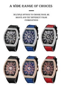 Matrix display of iced-out tonneau quartz watches with colorful silicone straps