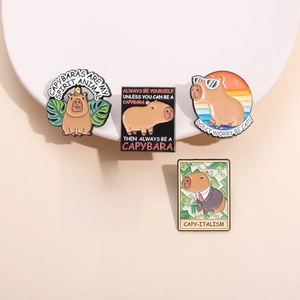 Set of five colorful Capybara enamel pins featuring funny puns and cute animal illustrations