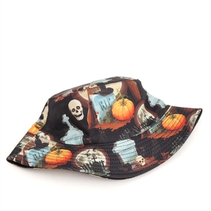 Close-up of Halloween bucket hat with pumpkin, skull, and RIP tombstone print detail