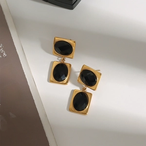 Vintage style gold-plated titanium steel rectangular earrings with black oval gemstones