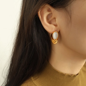 Elegant 18k gold plated titanium earrings with white oval opal gemstone for women