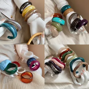Acrylic Resin Bangle Bracelet Marbled Ink Wash Irregular Wave Wide Band Fashion Korean Style Jewelry For Women