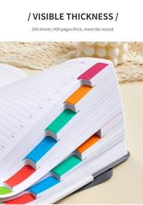 Detail showing 400 pages thickness and colorful index tabs on daily planner notebook