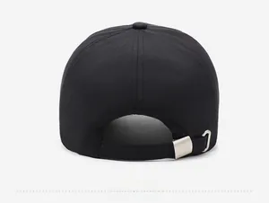 Rear view of black quick-dry baseball cap with adjustable silver metal buckle