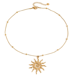 Minimalist 18k gold stainless steel sun pendant necklace with hammered spiral pattern