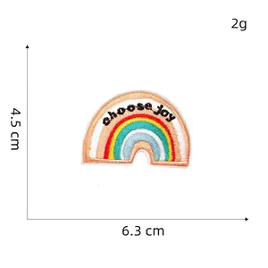 Detail of embroidered rainbow patch with Choose Joy text 6.3x4.5cm dimension view
