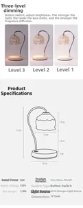 Detailed size chart and three-level dimming comparison for marble candle warmer lamp
