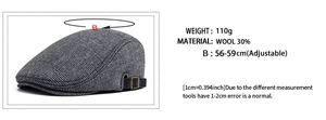 Grey plaid wool newsboy cap detail showing adjustable 56-59cm head size and material info