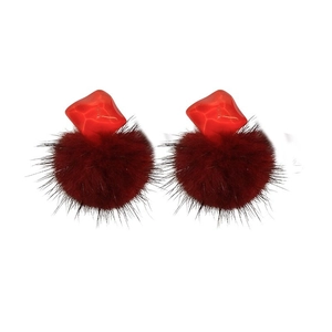 Elegant red resin bead and fuzzy pompom drop earrings for women in autumn style